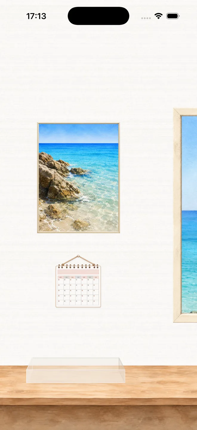 Moments Outside room decor with a coastal scene and calendar